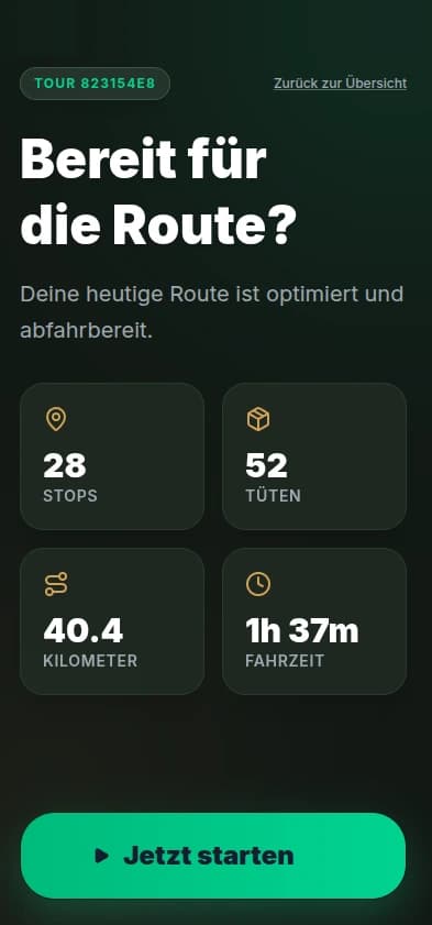 NearGoods Fahrer-App Startbildschirm: 28 Stops, 52 Tüten, 40.4 km, 1h 37m Fahrzeit