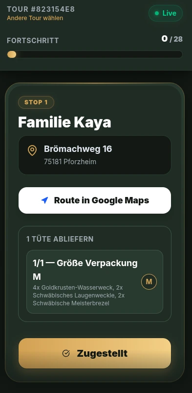 NearGoods Fahrer-App aktiver Stopp: Familie Kaya, Route in Google Maps, 1 Tüte abliefern und Zugestellt-Button