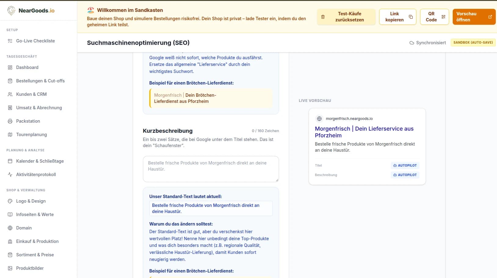 NearGoods SEO-Cockpit mit Google Live-Vorschau und automatisch aus dem Liefergebiet erkannten Orten
