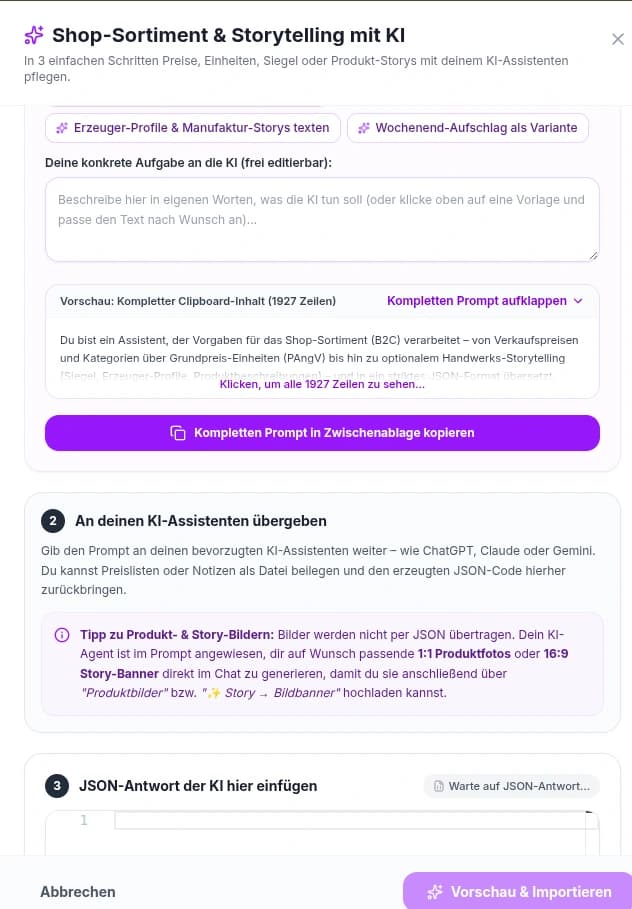 NearGoods KI-Sortiments-Assistent Drawer: Prompt kopieren, an ChatGPT/Claude/Gemini übergeben und JSON importieren