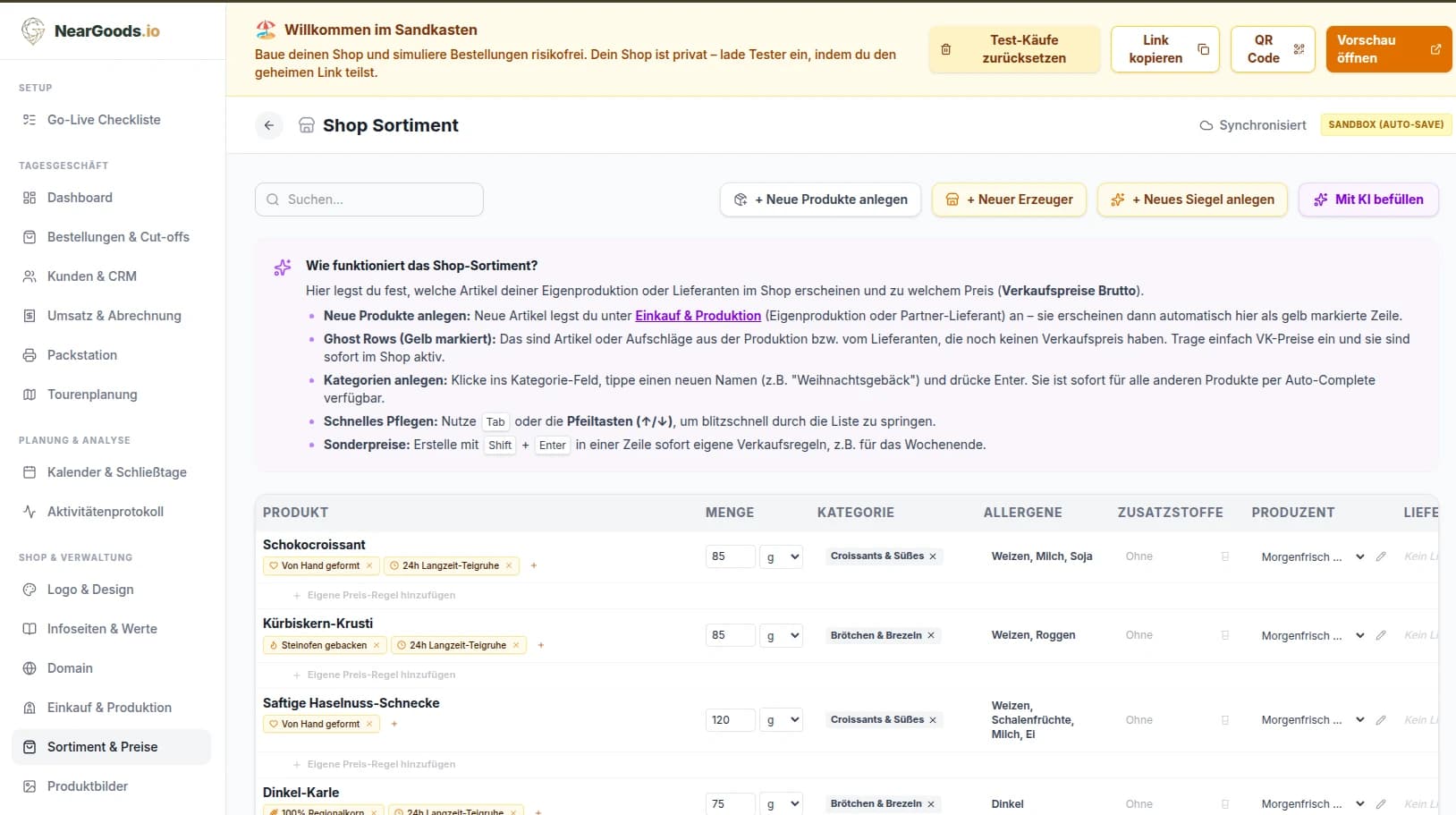 NearGoods Shop-Sortiment Tabelle mit Handwerks-Siegeln, Erzeuger-Verknüpfung und Preisen