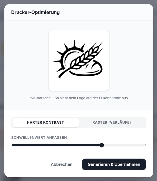 Drucker-Optimierung im NearGoods Cockpit: Harter Kontrast vs. Raster (Verläufe) mit Schwellenwert-Regler